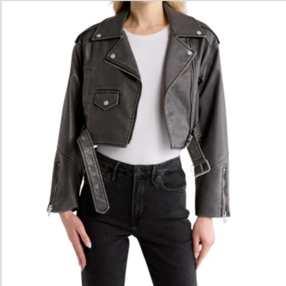 Blank NYC Faux Leather Crop Moto Belted Jacket - Picture 1 of 15